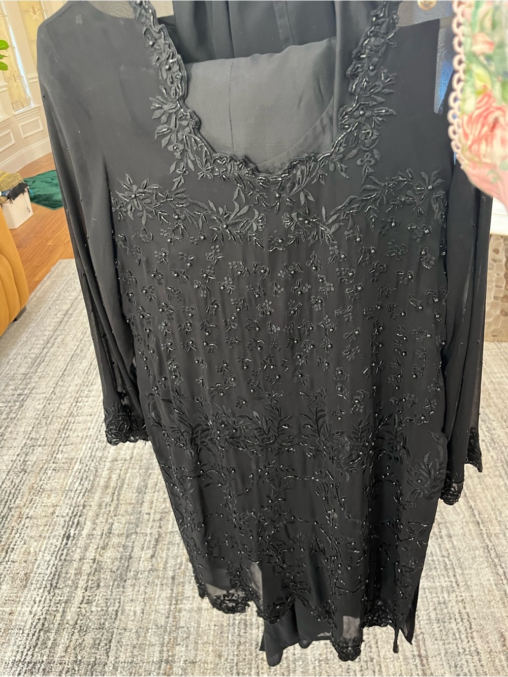Black Beaded Long Sleeve Evening Dress